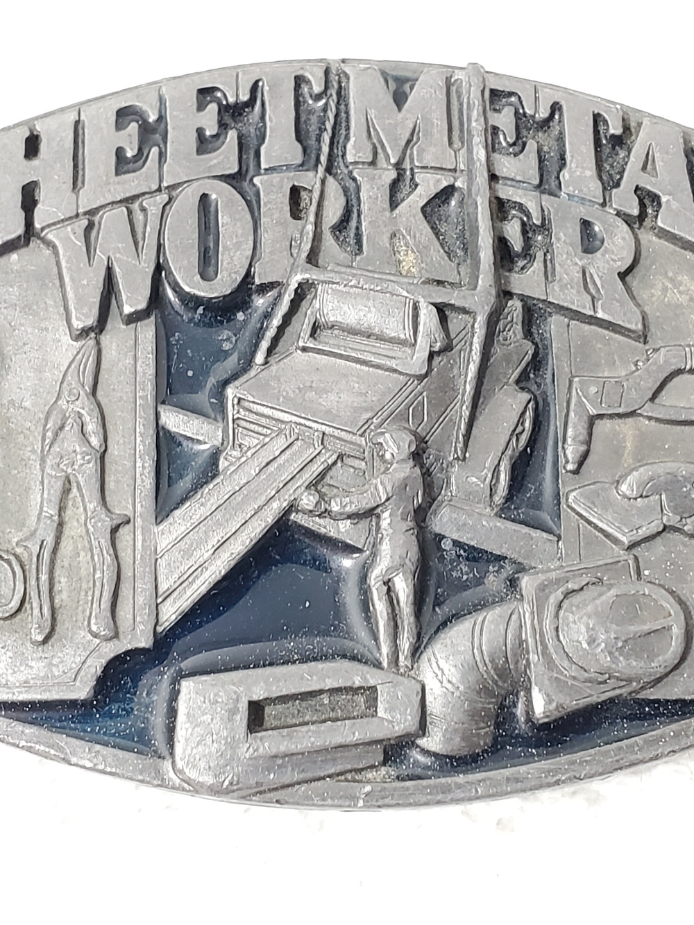 Vintage 1991 Sheet Metal Worker Belt Buckle by Siskiyou Pewter Dark Blue Enamel
